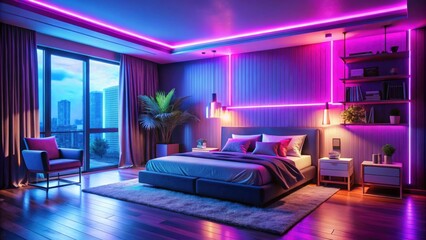 Bedroom at night with blue and pink neon lighting, cozy atmosphere , bedroom, interior, bed, windows, night, blue, pink