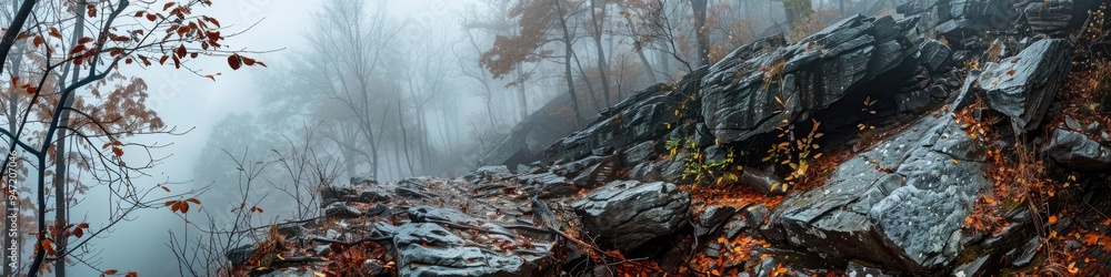 Wall mural Misty Rocky Outcrop in Rainy Autumn Featuring Golden Foliage, Fallen Leaves, and Raindrops on Dark Branches