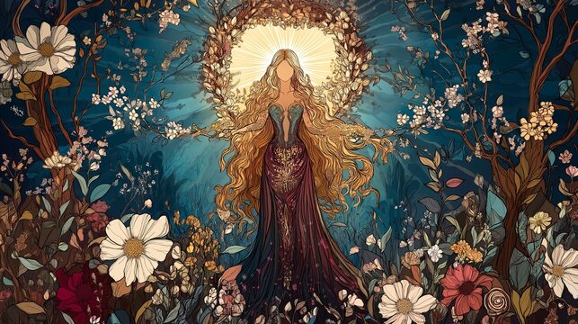 Epic illustration of Freya in a mystical forest adorned with blooming flowers