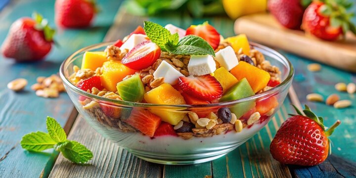 A delicious and colorful Mexican fruit salad topped with granola and coconut , bionico, Mexican dessert, fruit salad, granola