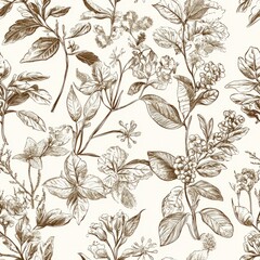 Seamless pattern of botanical etchings in muted sepia tones