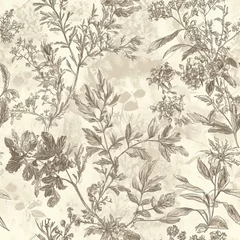 Seamless pattern of botanical etchings in muted sepia tones