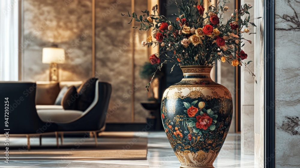 Poster beautiful large vase with intricate patterns and flowers, placed in a luxury room with a realistic b
