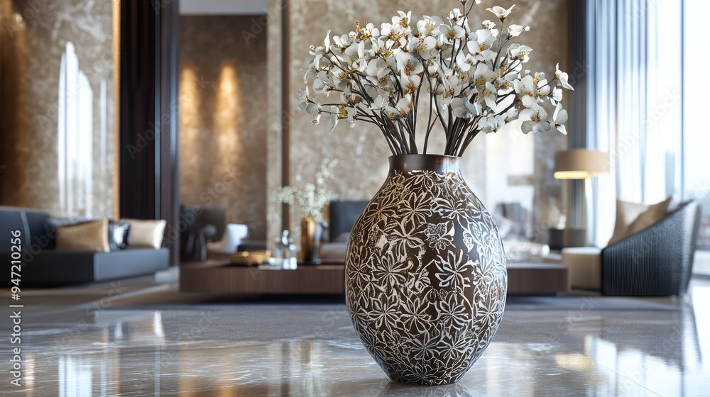 Poster beautiful large vase with intricate patterns and flowers, placed in a luxury room with a realistic b