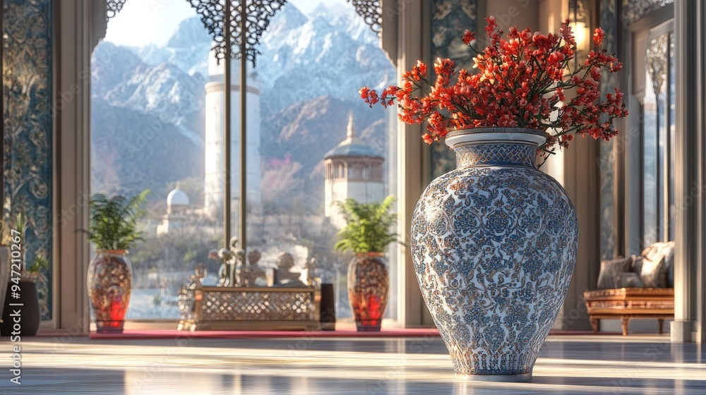 Poster beautiful large vase with intricate patterns and flowers, in a luxury room with a realistic backgrou