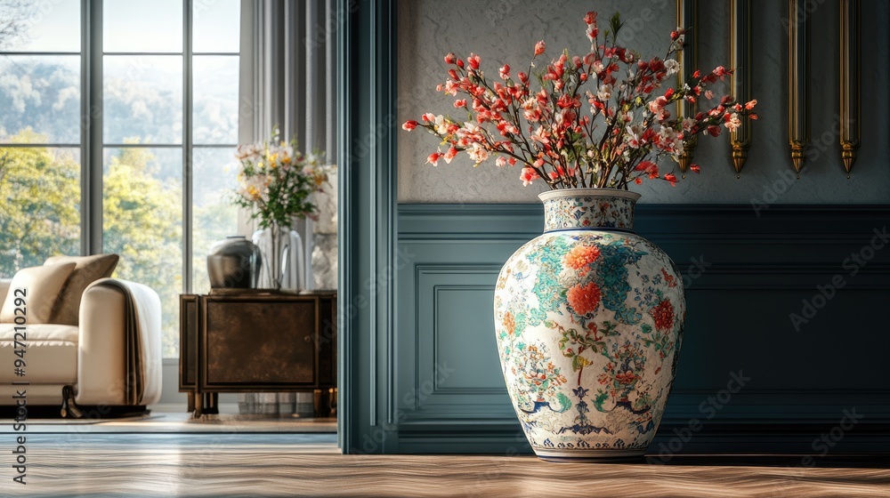 Poster beautiful large vase with intricate patterns and flowers, in a luxury room with a realistic backgrou