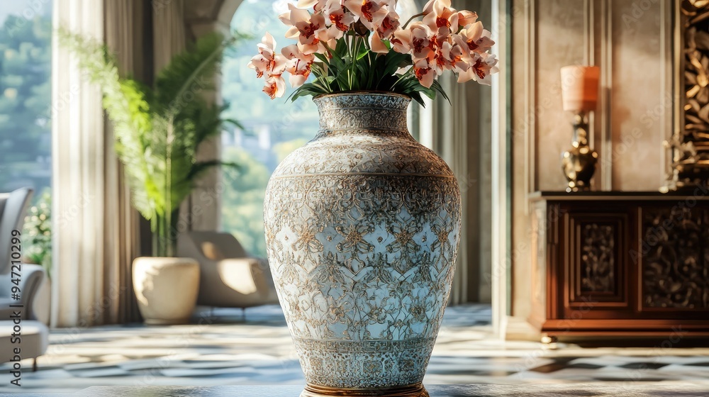 Poster beautiful large vase with intricate patterns and flowers, placed in a luxury room with a realistic b