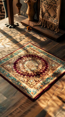 Traditional Islamic prayer mat with intricate patterns, symbolizing faith and devotion in daily religious practices
