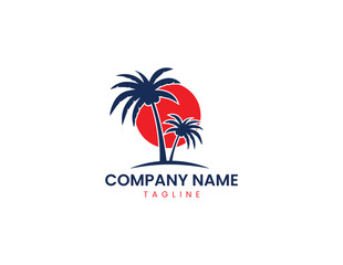 modern travel logo, airplane, palm, beach.