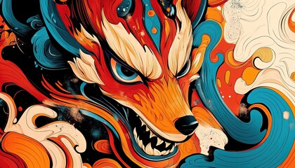 Abstract Colorful Fox Illustration With Swirls and Patterns