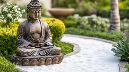 A serene Buddha statue sits in a zen garden with a white sand and stone path