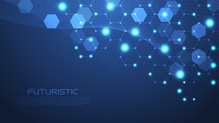 Dark blue background in futuristic style for science, technology, medical, innovation and health care concept design template. Scientific molecule background DNA. Mysterious wallpaper or banner.