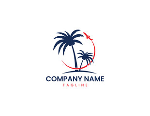 modern travel logo, airplane, palm, beach.