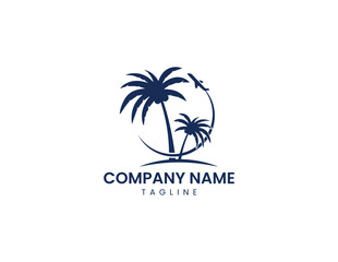 modern travel logo, airplane, palm, beach.