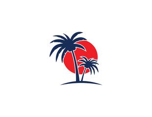 modern travel logo, airplane, palm, beach.