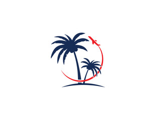 modern travel logo, airplane, palm, beach.