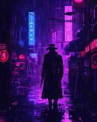 Fototapeta premium Neon-Lit Cyberpunk Illustration of a Futuristic Detective in a Rain-Drenched Urban Street with Vibrant Neon Signs