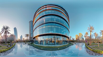Naklejka premium Modern Glass Building with Reflective Pool in Urban Landscape