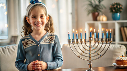 Cute little girl celebrating Hanukkah with menorah and candles