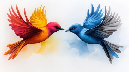 Fototapeta premium Two mirrored birds in flight, one side in vibrant colors and the other in monochrome, with a sky background