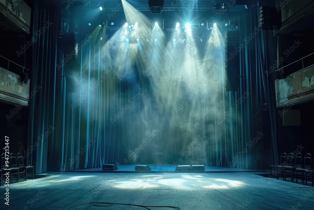 Poster A stage setup with curtains and stage lights ready for performance or presentation
