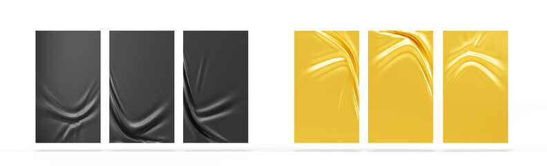 Gold and black plastic film with wrinkled wrap texture 3d render set. Crumpled adhesive glossy paper sheet, blank glued street wall posters. Stretch polyethylene or cellophane mockup. 3D illustration