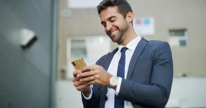 Business man, phone and texting in street for typing, smile or thinking for networking in urban metro. Entrepreneur, corporate person and happy on smartphone for contact, negotiation or notification