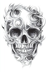Ornate Skull Illustration with Swirls and Abstract Patterns