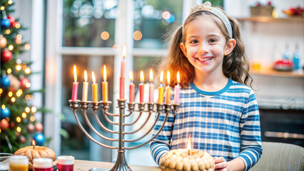 Happy little girl celebrating Hanukkah with menorah and candles