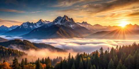 Obraz premium Majestic mountains during sunrise , nature, landscape, sunrise, beauty, majestic, mountains, scenic, peaceful, tranquil