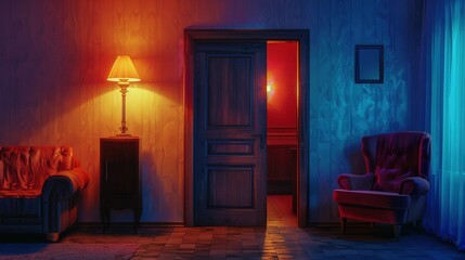 A dimly lit room with a red sofa, a lamp, a chair, a door, and a window.