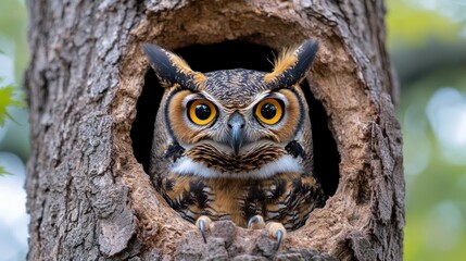 Great Horned Owl in Tree Cavity