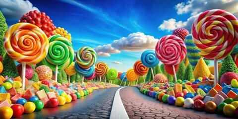 Colorful candy land with a road lined with lollipops and gummy bears , candy, colorful, sweets, whimsical, fun, road