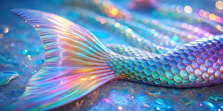 Closeup of a shimmering holographic mermaid tail in pastel colors, mermaid, tail, holographic, shiny, sparkling