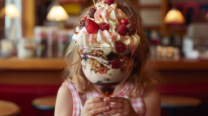 Obraz premium Child obscured by large ice cream sundae topped with berries.