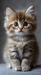 Obraz premium Adorable tabby kitten with big blue eyes and fluffy fur sits attentively, exuding charm and innocence in a heartwarming portrait.
