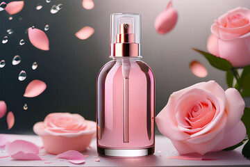 Skincare mockup ,Clean Beauty spray bottle with rose petals and pink cream