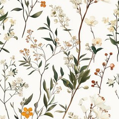 Seamless pattern of old-fashioned botanical studies with delicate blossoms
