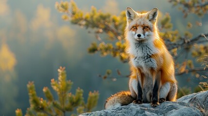 Obraz premium Red Fox Sitting on a Rock in the Forest