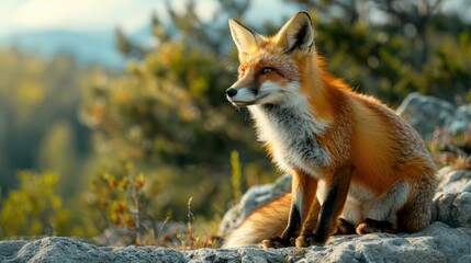 Fototapeta premium Red Fox Sitting on a Rocky Outcrop in a Forest