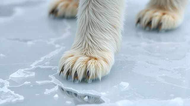 Polar bear's paw staning on melting ice. Generative AI