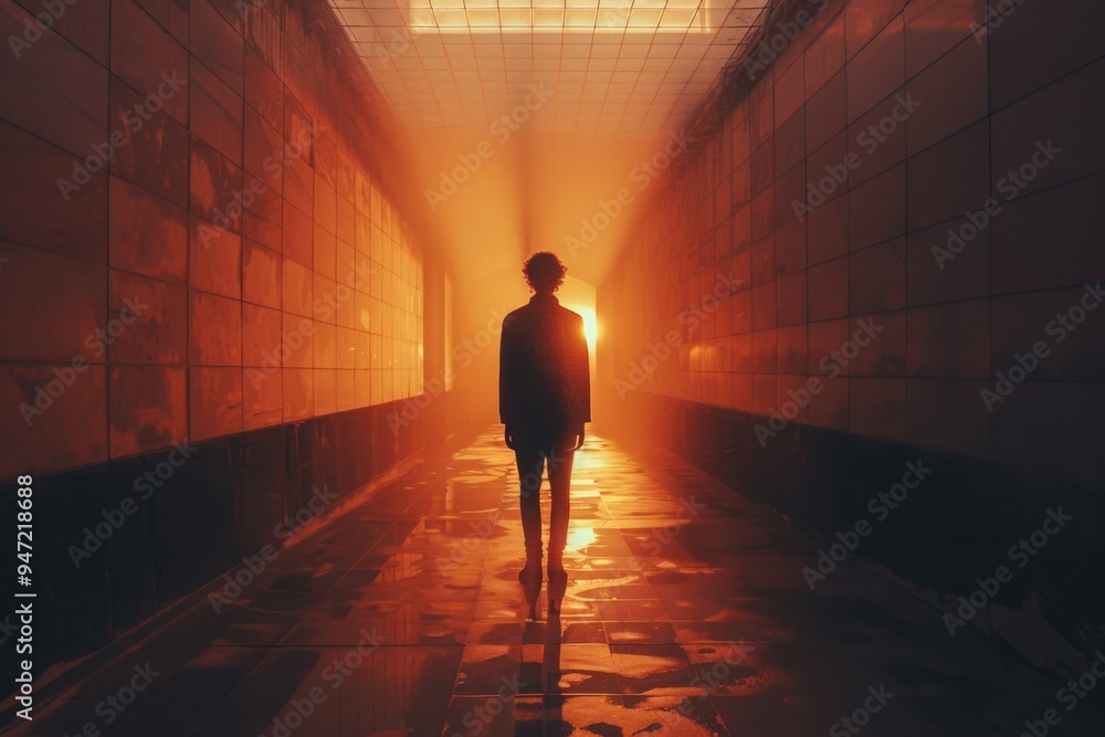 Poster a person walks down a hallway towards a source of light