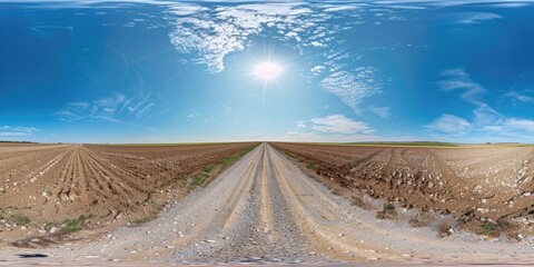 360 HDRI panorama of a deserted white sand gravel road bordered by fields under a clear sky with...