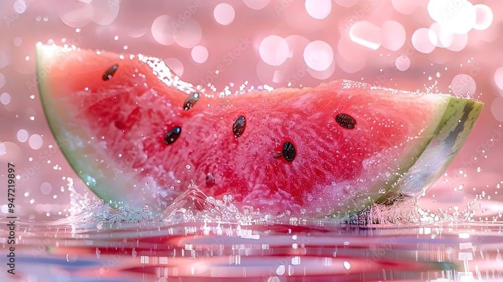 Poster a slice of watermelon splashing into a pool of water. the bright red fruit and the refreshing water 