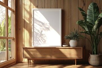 Poster Frame Mockup on Wooden Interior Background created with Generative AI