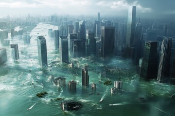 Show a coastal city with parts of the land submerged due to rising sea levels, including flooded streets and buildings. 