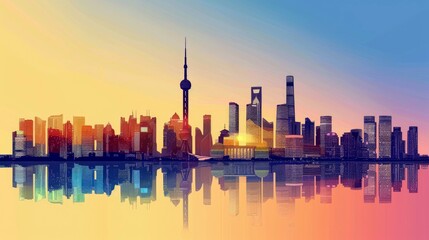 Obraz premium Shanghai Skyline at Sunset with Reflection in Water