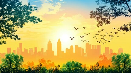 Silhouette of a City Skyline with Birds Flying Over a Sunset Sky