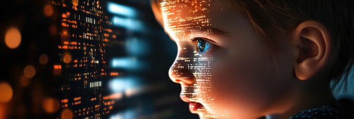 Little boy with digital code data overlay, cyberspace and information technology of the future. Ai education and cybersecurity