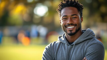 Fototapeta premium Portrait of Smiling Black Male Soccer Player Standing with Arms Crossed on Football Field, Wearing Grey Hoodie and Watch